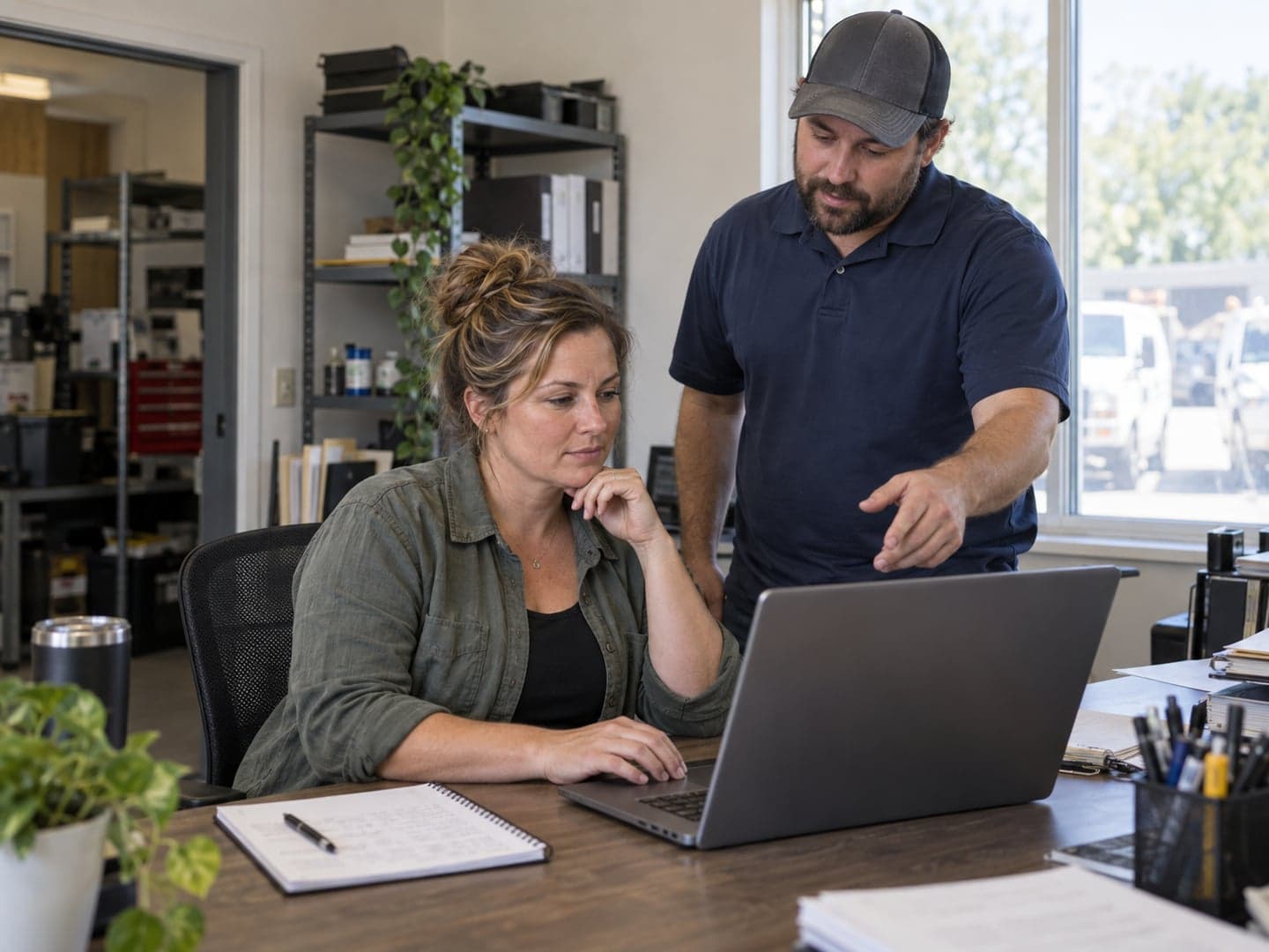 A small contractor’s co-owner reviewing a laptop with a colleague