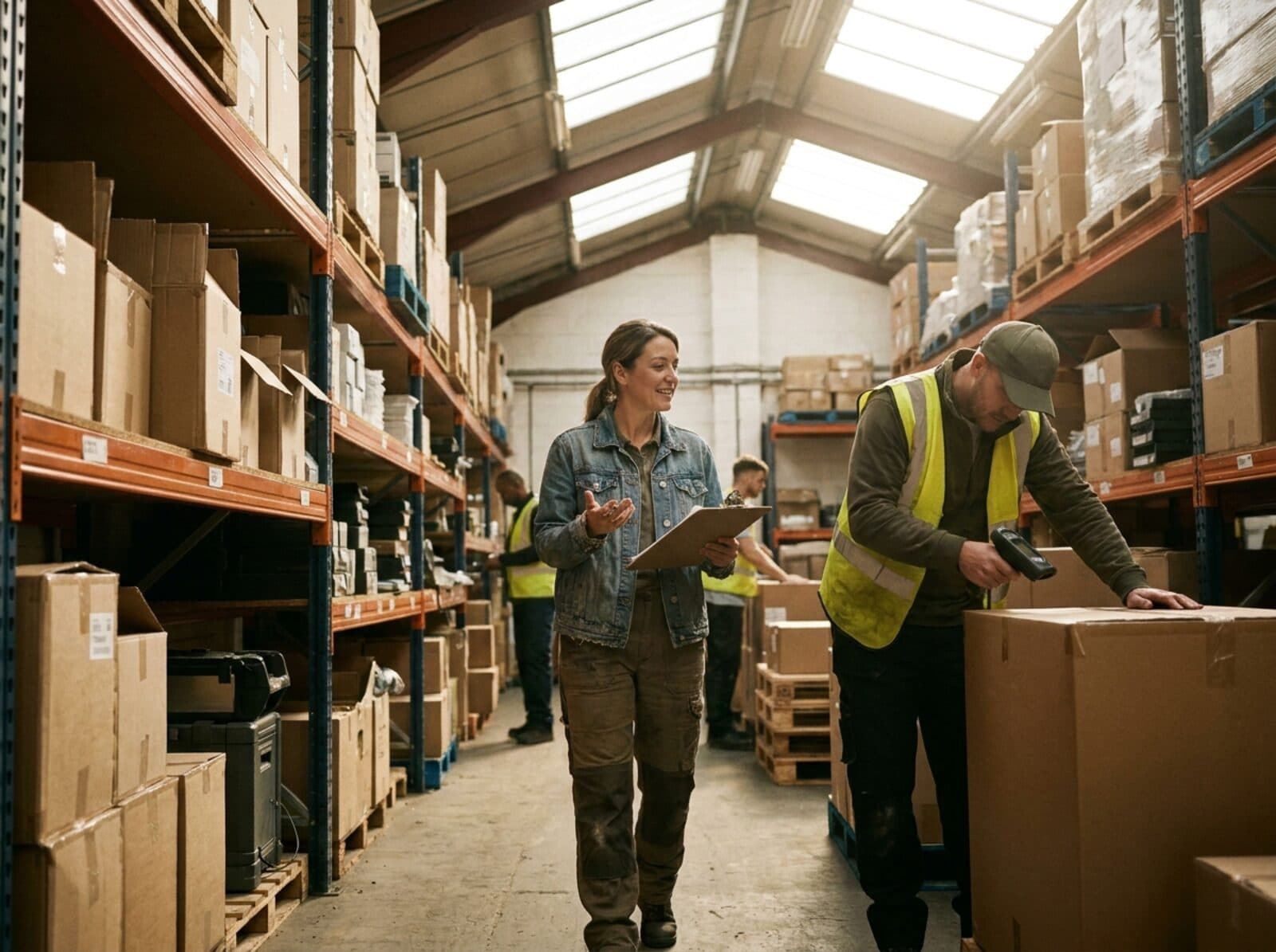 An operations manager with a clipboard walking a warehouse aisle and talking with a worker