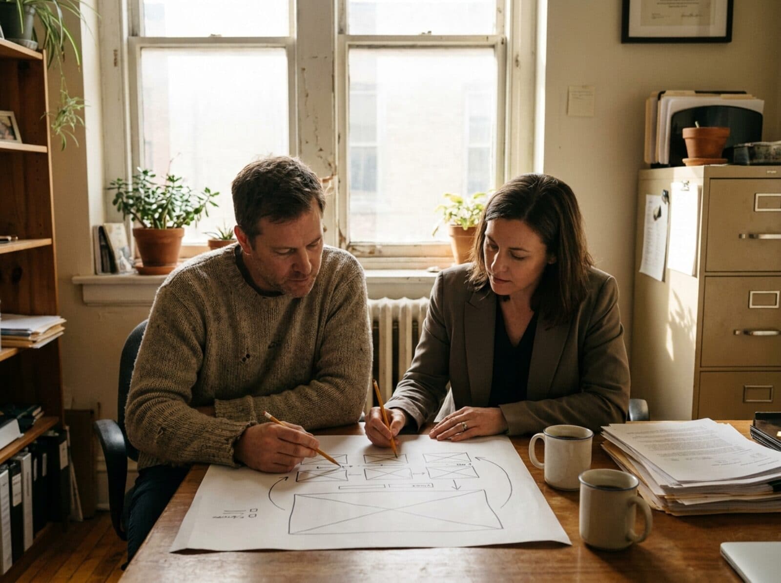 A developer and a business owner sketching an application screen on paper together
