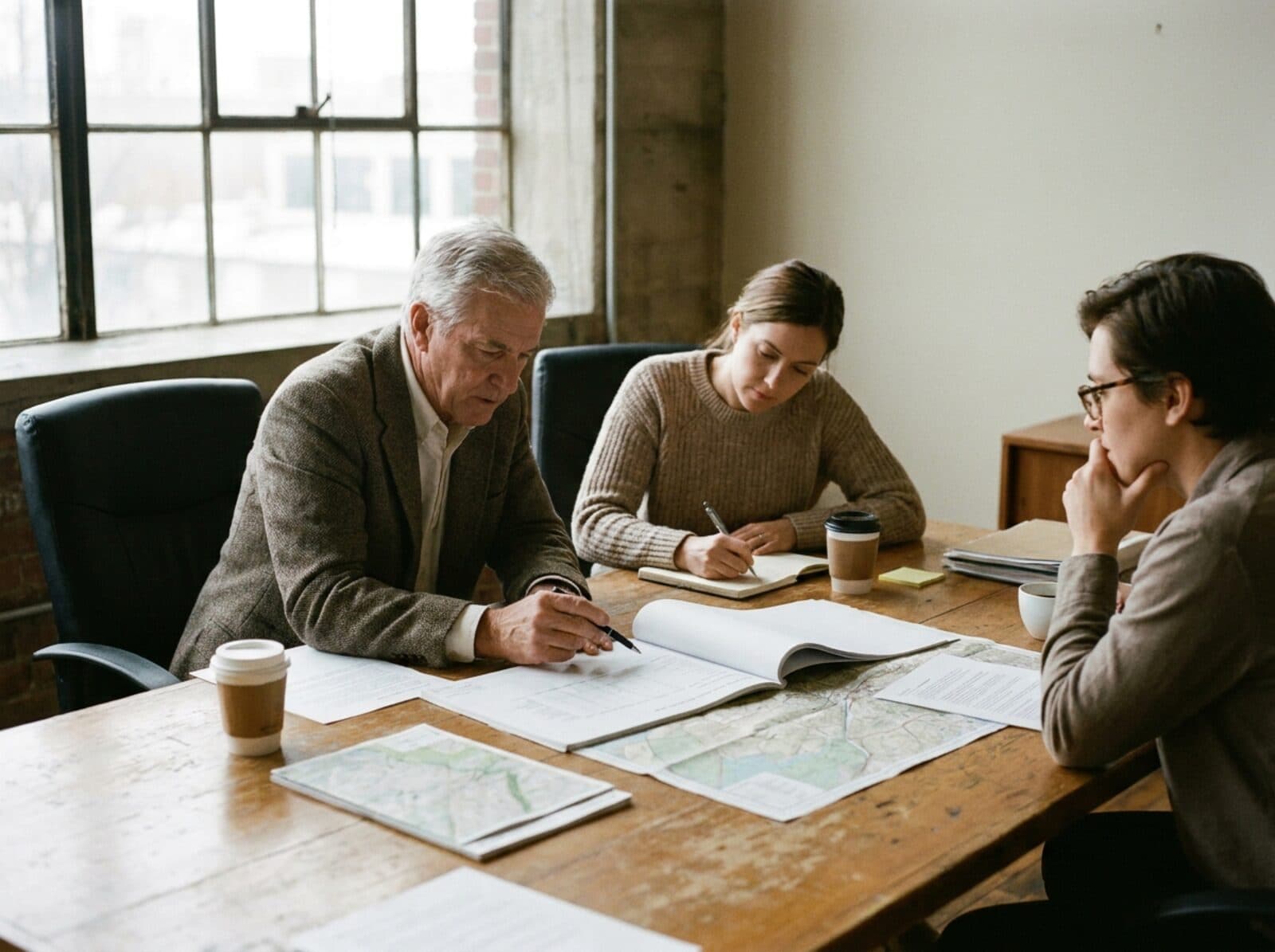 Three company leaders around a table reviewing printed plans
