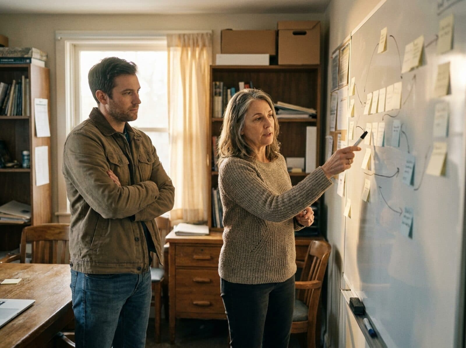 Two colleagues mapping a work process with sticky notes on a whiteboard
