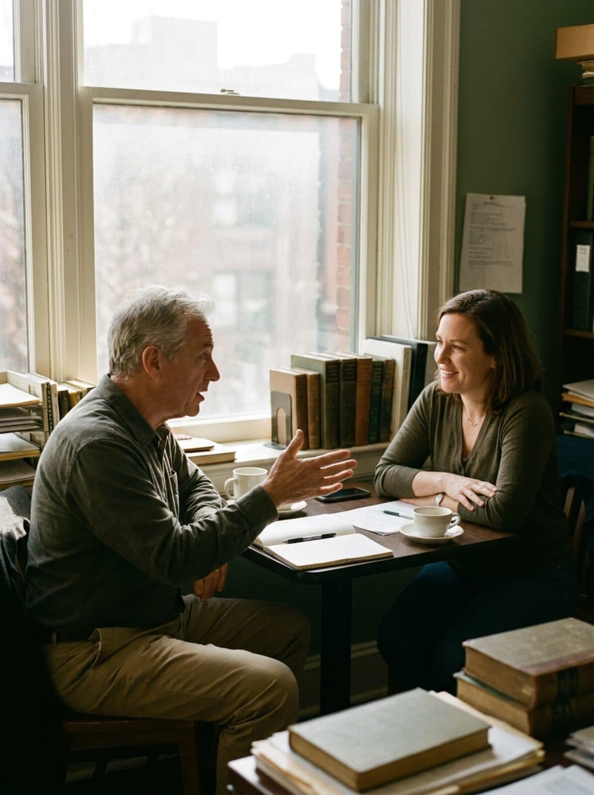 Two people having a relaxed conversation over coffee at a table by a window